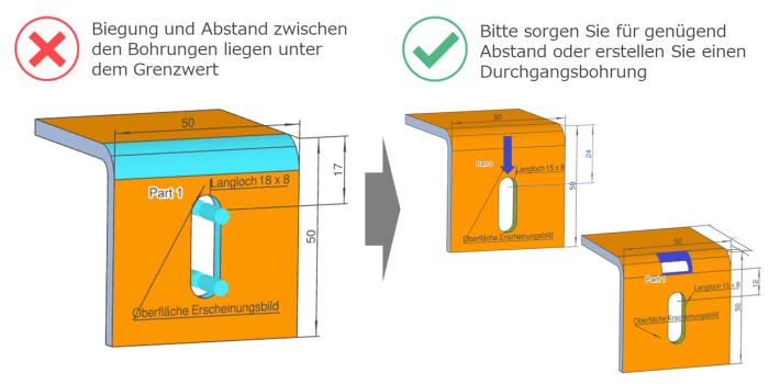 Biegehöhe im Blech unterhalb der Mindestanforderung mit korrigierter Konstruktion und ausreichender Schenkellänge