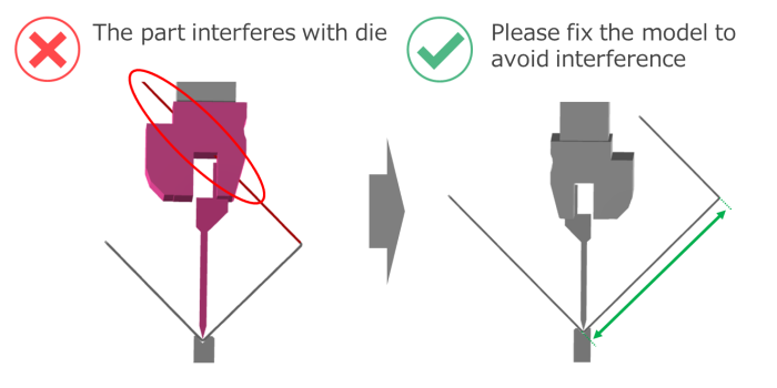 Sheet metal part interfering with bending die showing model correction to prevent tooling collision
