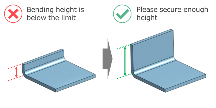 Sheet metal bending height below minimum limit with corrected design showing sufficient flange height