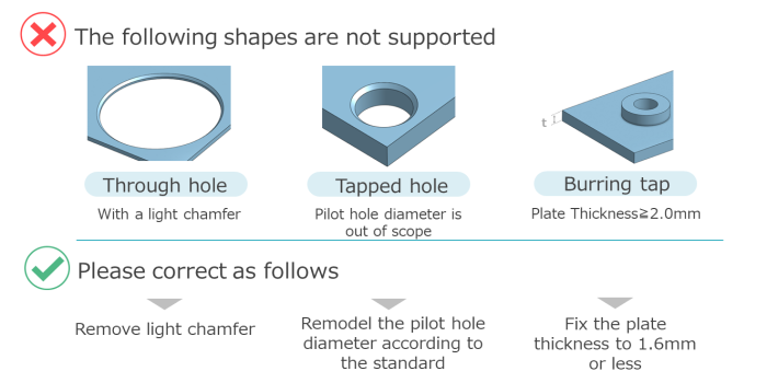 Unsupported sheet metal hole types including chamfered through hole, tapped hole and burring tap with required design corrections
