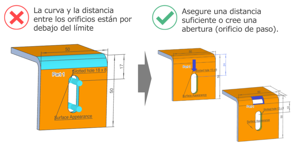 Altura de plegado en chapa por debajo del límite mínimo, con diseño corregido que muestra una altura de ala suficiente