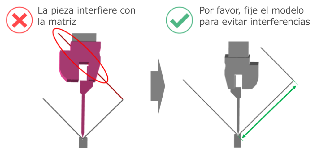 Pieza de chapa en interferencia con la matriz de plegado, con corrección del modelo para evitar colisiones con el utillaje