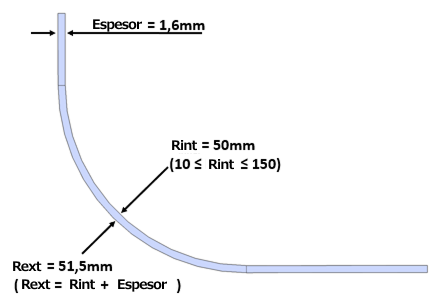 Ejemplo de radio de plegado curvo en chapa con espesor de 1,6 mm, radio interior de 50 mm y cálculo del radio exterior