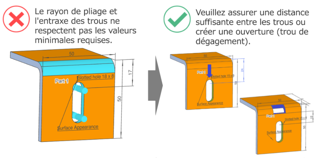 Hauteur de pliage en tôle inférieure à la limite minimale, avec conception corrigée montrant une hauteur de bride suffisante