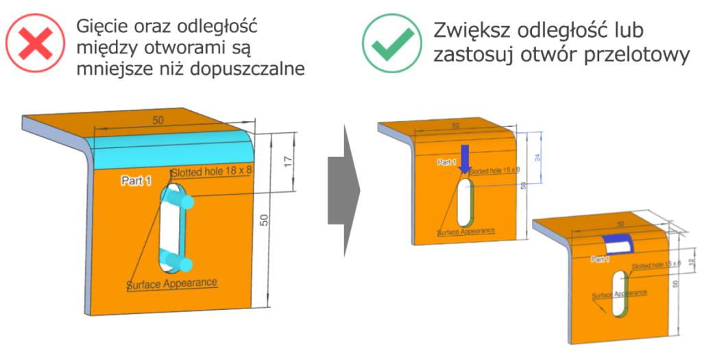 Wysokość gięcia blachy poniżej minimalnej wartości, z poprawioną konstrukcją zapewniającą odpowiednią wysokość kołnierza