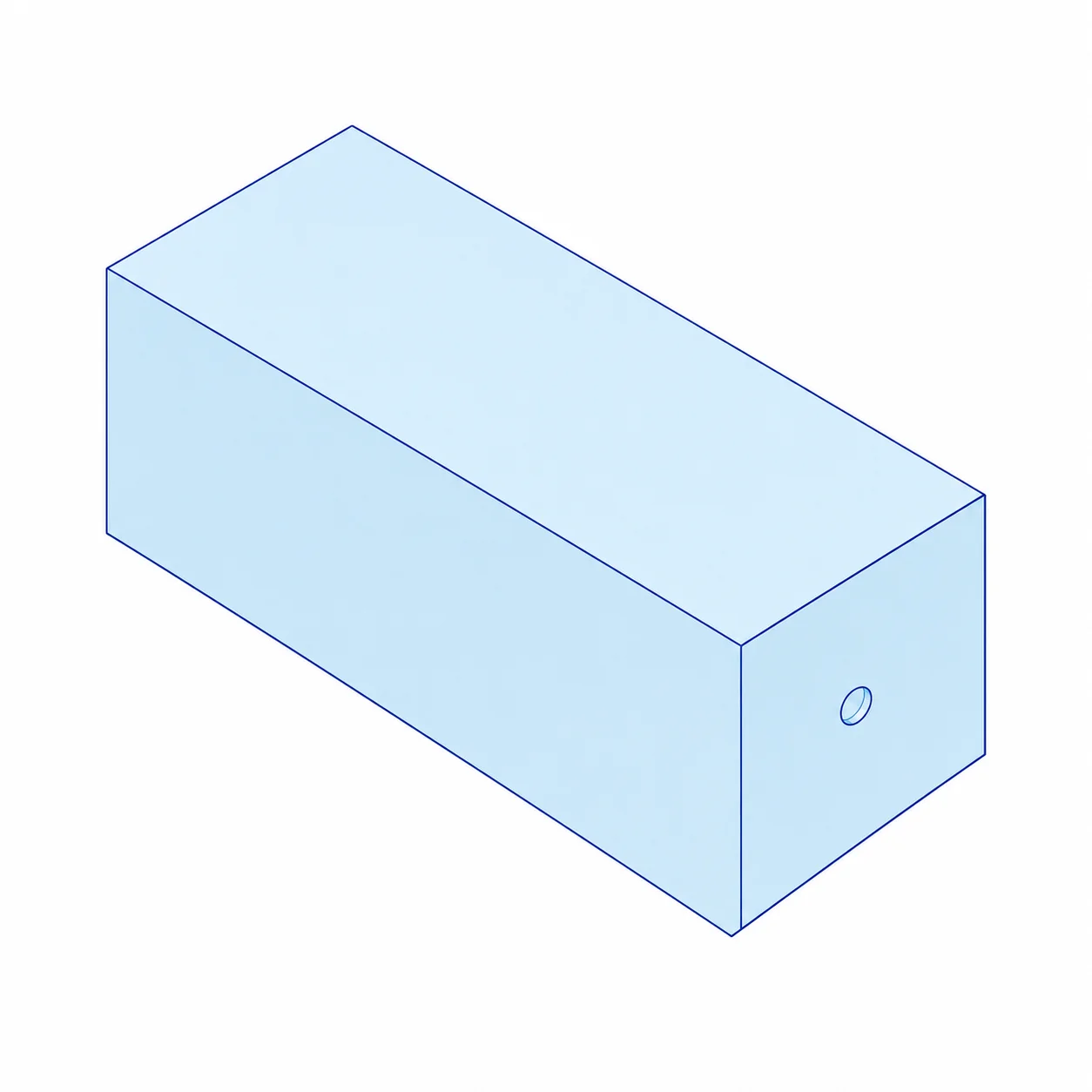 Isometric view of a block with a small-diameter deep through-hole
