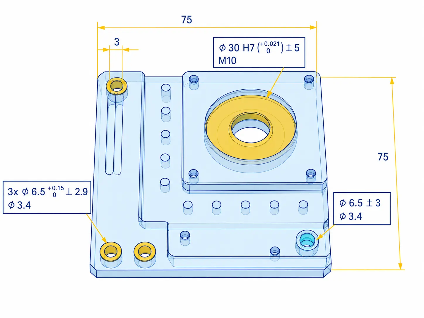 Defined hole tolerance shown next to the diameter in the meviy model view